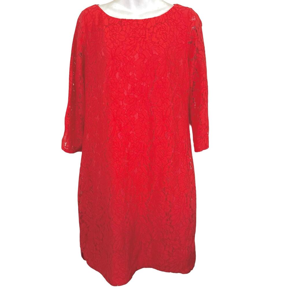 Vince Camuto Coral Pink Lace Lined 3/4 Sheer Sleeve Mini Cocktail Dress sz 12